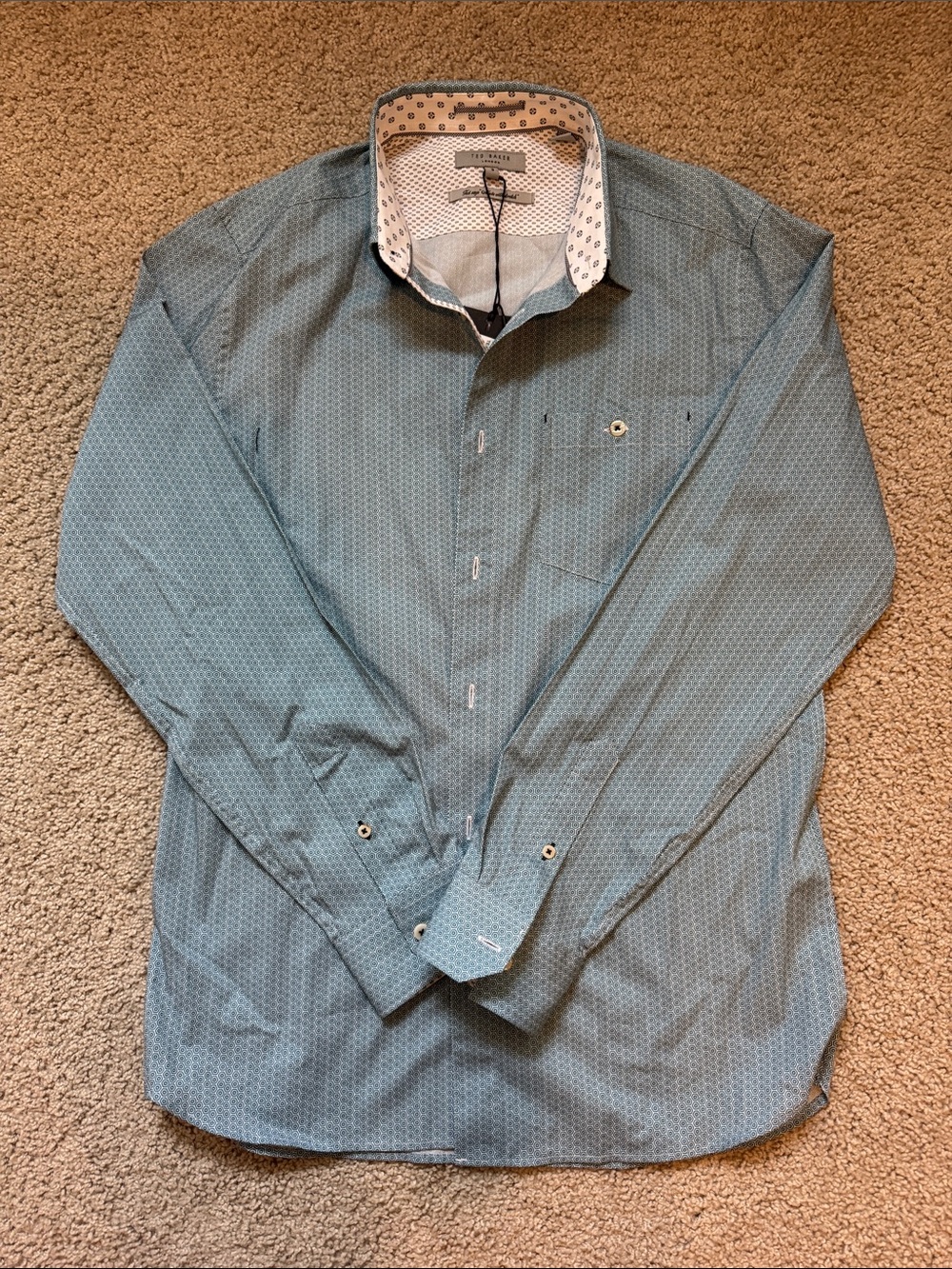 Ted Baker Teal Micro-Print Long-Sleeve Button-Down Shirt